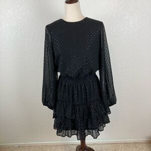 Express black metallic clip dot whimsygoth tiered long sleeve mini dress size M